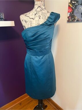 Alfred Angelo Teal One-Shoulder Satin Sheath Dress